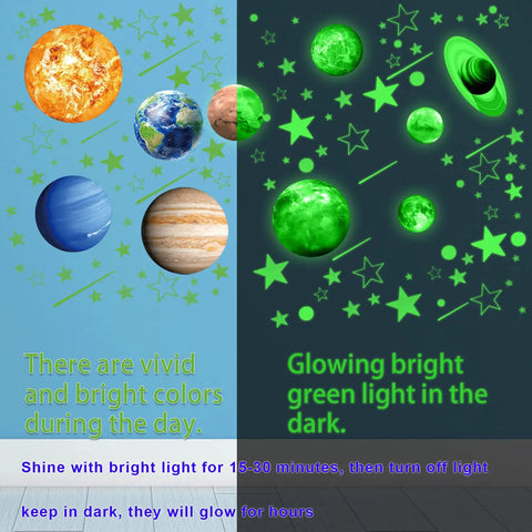 Glow In The Dark Stars And Planets Ceiling Decals with vivid daytime colors and green glow, ideal for kids' night sky decor