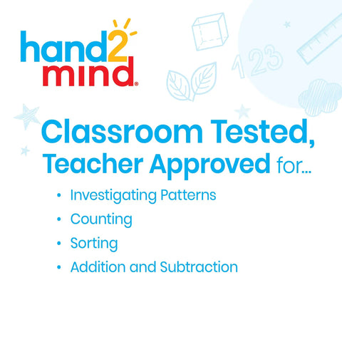 Image highlighting hand2mind's Two Color Foam Counters Set, Red and Yellow Counting Chips for Math Practice benefits: investigating patterns, counting, sorting, addition.