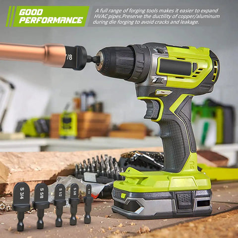 Electric drill using Six Piece Hex Handle HVAC Tool Set for copper tube expanding and swaging in air conditioning repair.