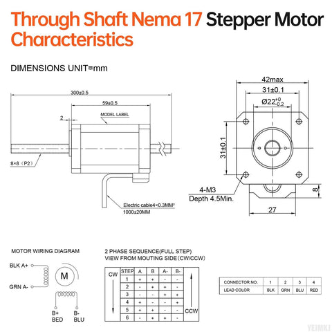 YEJMKJ through-shaft NEMA 17 stepper motor diagram with dimensions, mounting holes, and wiring.