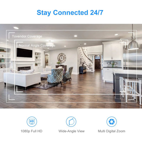 Infographic showing coverage angles of Mini Smart Home Camera 1080P 2.4G WiFi Security Cam in a modern living room setting.