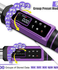 Display of Digital Torque Wrench With Three Eighths Inch Drive, showing group preset modes and stored data options.