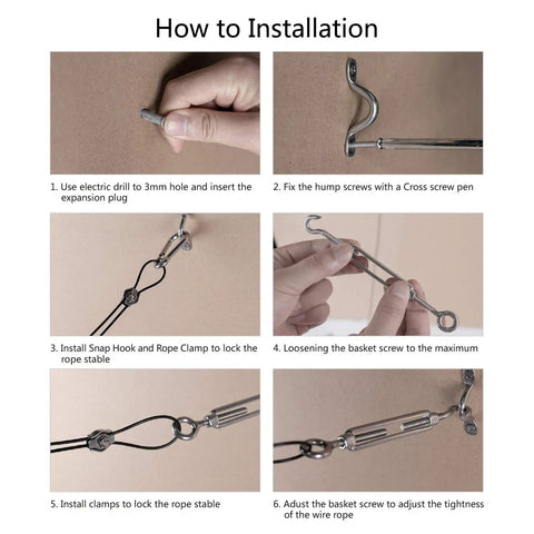 Installation steps for Heavy Duty Outdoor String Light Hanging Kit With 100Ft Black Vinyl Coated Stainless Steel Cable, Turnbuckles, Thimbles, And Hooks