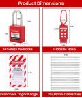 Lockout Tagout Kit 48 Piece OSHA Compliant Safety Gear with padlocks, hasps, tags, and zip ties dimensions shown