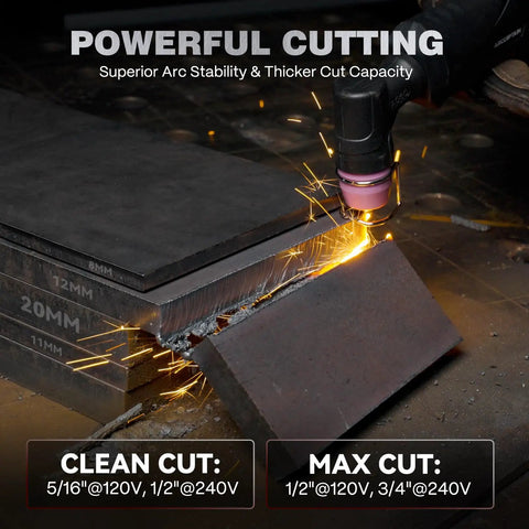iControl CUT55 Pro Plasma Cutter with app control cutting through thick metal with sparks visible
