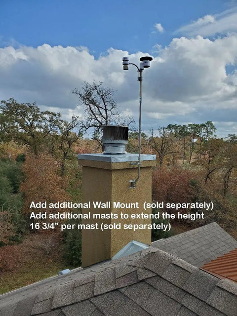 Beefy Universal Outdoor Mounting Pole For TV Antenna And Weather Station, installed on rooftop chimney.