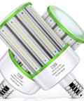 Close-up of energy-efficient LED bulbs with E26 base, featuring visible diodes and green accents on a white background.