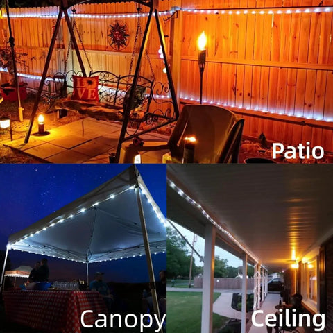 Solar Rope Lights Outdoor Waterproof 2 Pack 33ft 100 LED String Lights illuminate patio, canopy, and ceiling areas.