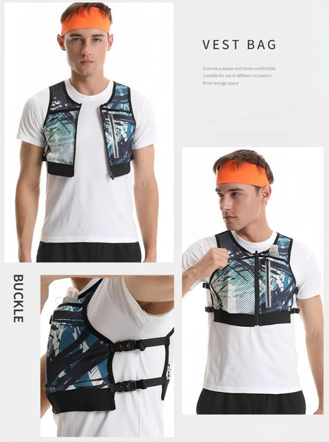 Model wearing Hands Free Hydration Pack Chest Rig For Running And Fastpacking With Two Front Bottle Pockets For 500ml Bottles