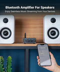 Bluetooth Stereo Amplifier 100W Per Channel, 2 Channel Class D Power Amp with smartphone, white speakers on shelf