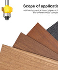 Heavy Duty Roundover Edging Router Bit Set With Quarter Inch Shank And Eighth Radius Round Nose Profiles For Woodworkers Who Demand Killer Edge Results And Durable Carbide Steel That Handles Any Shop Job Without Breaking A Sweat, showing router bit above wood samples.