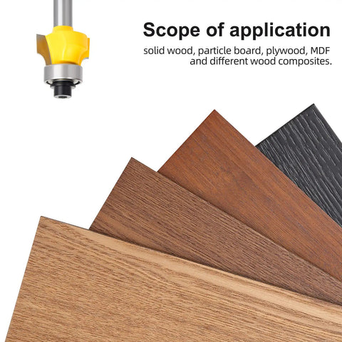 Heavy Duty Roundover Edging Router Bit Set With Quarter Inch Shank And Eighth Radius Round Nose Profiles For Woodworkers Who Demand Killer Edge Results And Durable Carbide Steel That Handles Any Shop Job Without Breaking A Sweat, showing router bit above wood samples.