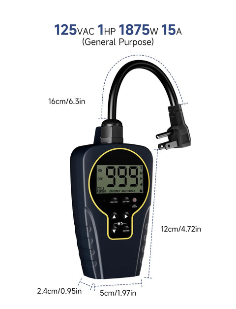 Outdoor Ready Countdown Timer Outlet With Flexible 1 Second To 999 Hour On Off Cycles Light Sensor Waterproof 15A Plug