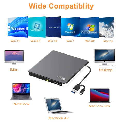 Five In One External Blu Ray Drive With USB 3.0 And USB Type C Portable Slim Blu Ray Burner BD Player for MacBook Air and Windows