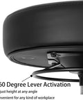 Heavy Duty Adjustable Stool With Self Braking Casters That Lock Tight When Leaning Plus Ultra Comfy High Density Foam showing leather seat and 360 degree lever.