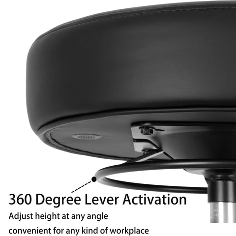 Heavy Duty Adjustable Stool With Self Braking Casters That Lock Tight When Leaning Plus Ultra Comfy High Density Foam showing leather seat and 360 degree lever.