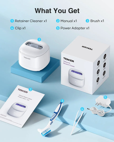 49kHz Ultrasonic Cleaner For Night Guards And Dental Gear with components: retainer cleaner, manual, brush, clip, and power adapter