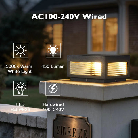 Outdoor LED Post Light With Square Lantern Style, 9.84 Inch Hardwired Aluminum Glass Post Lamp For Fence Driveway Patio Garden Backyard