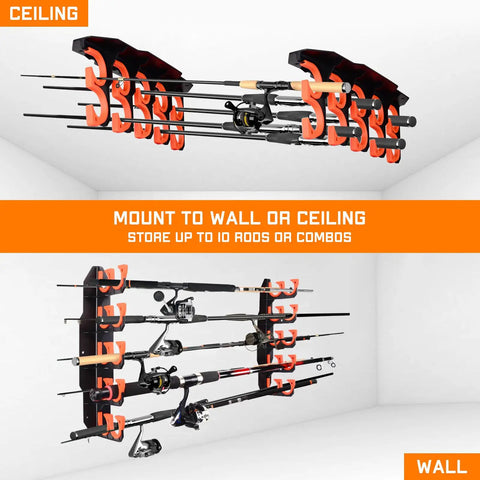 Wall And Ceiling Mounted Fishing Rod Rack Holds Up To 10 Rods Space Saver For Gear In Garage Declutter Your Space With A Durable Wall Mount Or Ceiling Mount Rack For Home Shop Or Boat.