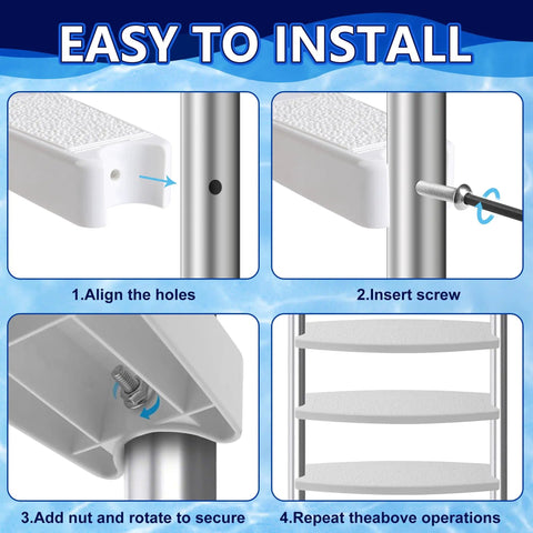 Installation steps for Six Pack Stainless Steel Pool Ladder Bolts And Nuts Replacement Kit showing alignment and securing process.