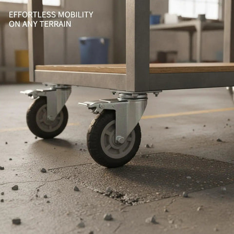Heavy Duty Swivel Plate Caster Wheel With Standard Mount Bracket For Rough Terrain Replacement On Industrial Carts And Dollies Single Pack visible on a cart gliding over rough terrain with rubble.