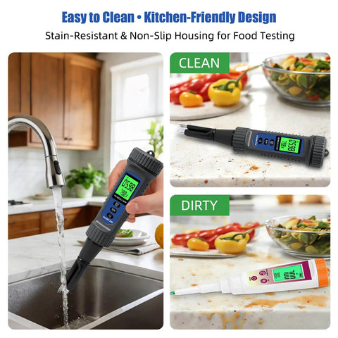 Top Notch Food pH Meter With Temperature Digital pH Tester in kitchen, showing clean and dirty conditions with dual-probe design