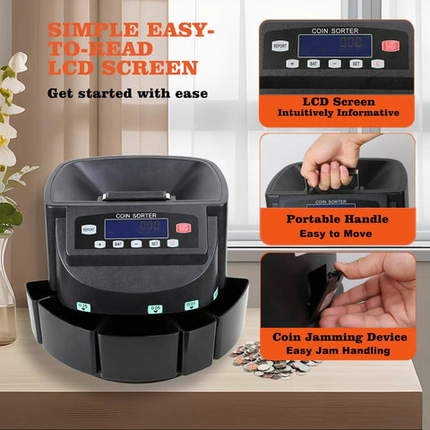 Pro Grade USD Coin Counter And Sorter, LCD screen, handle, and coin jamming device, 270 coins per minute, 5-bin precision sorting