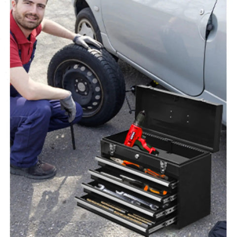 20.5 Inch Portable Metal Tool Box With Four Ball Bearing Sliding Drawers Auto Lock Security on worksite with open drawers