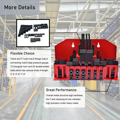 58-piece 1/2 Inch T-Slot Clamping Kit with nuts, bolts, horns, and gauges on red stand, for milling and metalworking