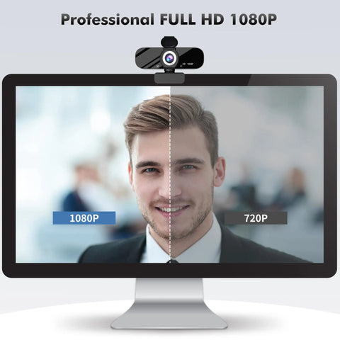 Straight Fire 1080P Full Hd Webcam With Built In Noise Cancellation Mic and Wide Angle Lens Auto Light Boost displayed on monitor.