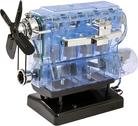 Build Your Own Visible Model Engine Kit With Four Cylinder Internal Combustion Mechanics, Realistic Sounds And Illumination, 100 Plus Pieces, STEM And Physics Based Replica Toy For Education And Hands On Fun. Transparent plastic 4-cylinder engine on black base