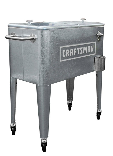 Craftsman 60-Quart Galvanized Cooler with Wheels for Outdoor Patio Porch Tailgates and Worksites, featuring silver finish and casters