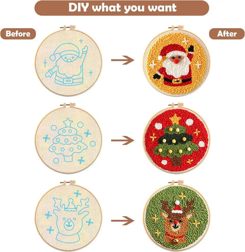 Before and after DIY embroidery hoops from Punch Needle Kit for Adults Beginners With Adjustable Wooden Handle Tools