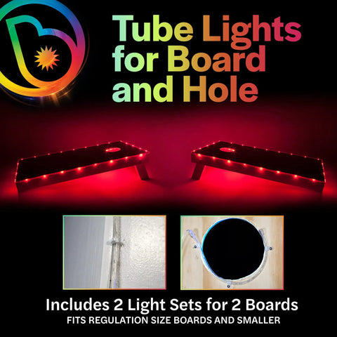 White LED Cornhole Lights For Hole And Board Complete 2 Board Kit with weather resistant LED light strands for edges and holes
