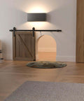 4 Foot Mini Sliding Barn Door Hardware Track Kit For 21 To 24 Inch Doors installed above pet doorway in cozy room