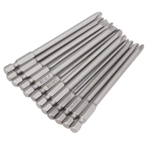 Rock Solid 12Pcs Screwdriver Bit Set With S2 Alloy Steel Phillips And Slotted Tips For Power Drills Manual Tools Heavy Duty Hardware Precision Bits 100mm bits laid out