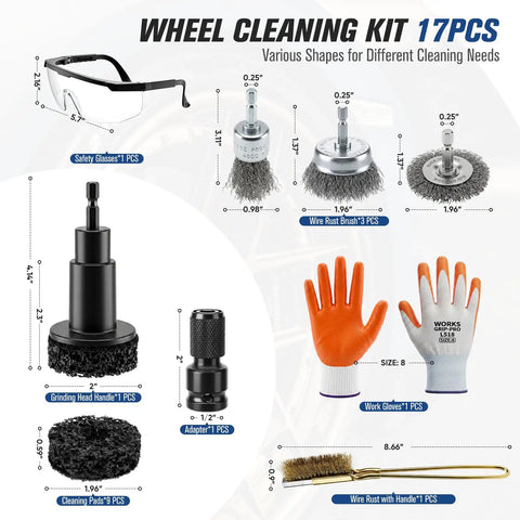All In One Seventeen Piece Wheel Hub Cleaning Tool Kit with Goggles, Pads, Brushes, Gloves, and Adapter for Surface Cleaning