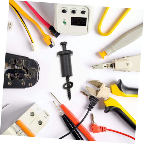 Various electrical tools and connectors on a white background, including a digital meter, screwdrivers, and wiring accessories.