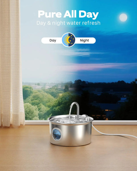 Stainless Steel Cat Water Fountain 88oz 2.6L Quiet Indoor Pet Water Dispenser on wooden surface with day and night background