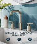 Brushed Nickel 8 Inch Widespread Bathroom Faucet With Two Handles 360 Degree Swivel Pop Up Drain And Hoses For 3 Hole Vanity Restroom RV Lavatory Easy Install with anti-fingerprint and sturdy features