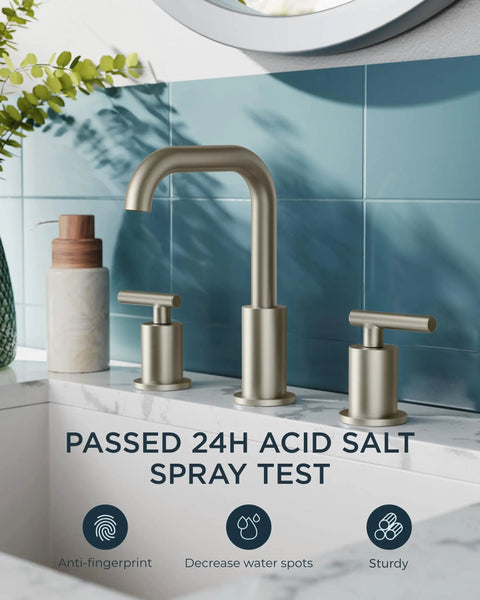 Brushed Nickel 8 Inch Widespread Bathroom Faucet With Two Handles 360 Degree Swivel Pop Up Drain And Hoses For 3 Hole Vanity Restroom RV Lavatory Easy Install with anti-fingerprint and sturdy features