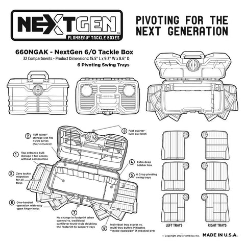 Diagram showing Next Gen 6 0 Large Fishing Tackle Box With 6 Pivot Trays And 32 Compartments, includes dimensions and features.
