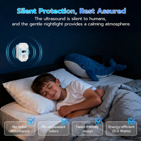 Child sleeping soundly with Plug In Ultrasonic Pest Repeller 4 Pack Indoor Multi Frequency Rodent And Insect Deterrent glowing nearby.