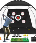 Golfer using 10x7ft Indoor Outdoor Golf Net With Tri Turf Mat For Backyard Driving And Chipping Training Multi Target Bullseye