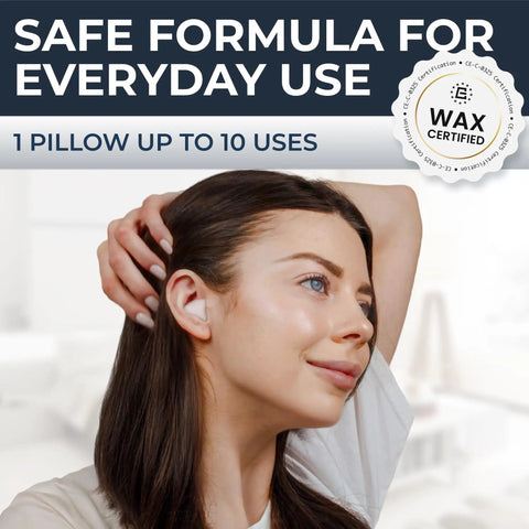 Woman using Wax Ear Plugs For Sleeping And Swimming, Silicone Moldable Ear Plugs For Noise Canceling And Sleep Sound Blocking Up To 32 Decibels, Includes 30 Soft Pillows, White, holding a plug near ear, with text about safe everyday use.