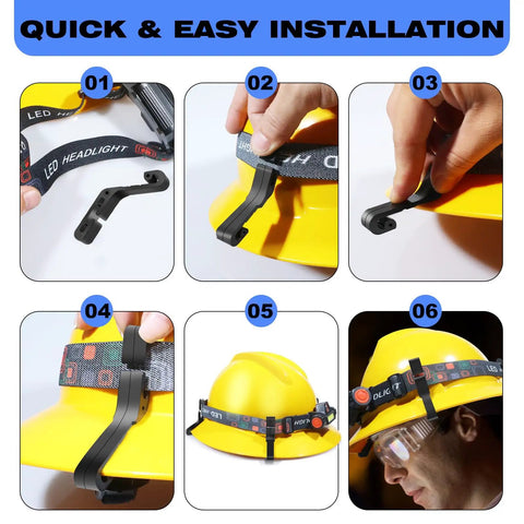 12 Pack Hard Hat Light Clips for Headlamps Front Short and Back Long Brim Mounts on yellow helmet installation