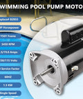 No Sweat Heavy Duty Dual Voltage Pool Pump Motor 2HP B2855 Replacement 56Y Frame Square Flange 3450 RPM showing detailed specifications.