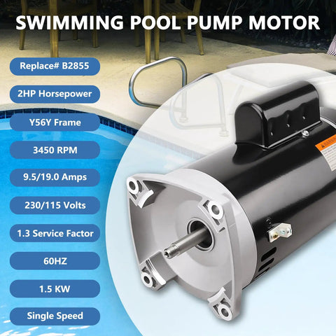 No Sweat Heavy Duty Dual Voltage Pool Pump Motor 2HP B2855 Replacement 56Y Frame Square Flange 3450 RPM showing detailed specifications.