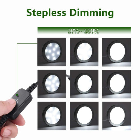 Under Cabinet LED Puck Lighting Kit With Black Cover And Touch Dimmer Switch showing stepless dimming from 10% to 100%