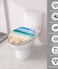 Tropical Paradise Round Toilet Seat With Gentle Soft Close Hinges And Easy Peasy Quick Swap Brackets Killer Beach Umbrella Vibe on a white toilet.